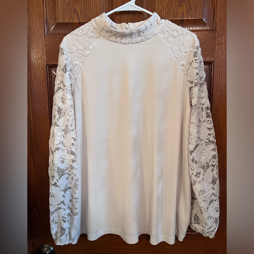 Susan Graver Cream Lace-Sleeve Mock Neck Top